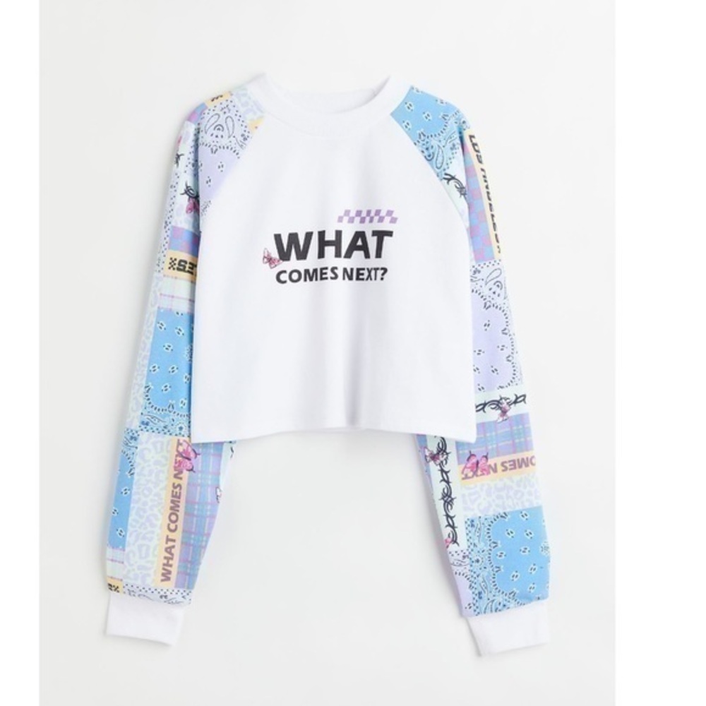 New H&M | Blue & White Long Sleeve Graphic Cropped Sweatshirt Size Medium - Picture 6 of 9